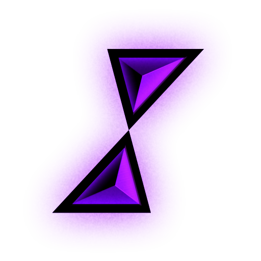 Logo. Zwei violettfarben leuchtende Pyramiden, die zueinander gerichtet sind.